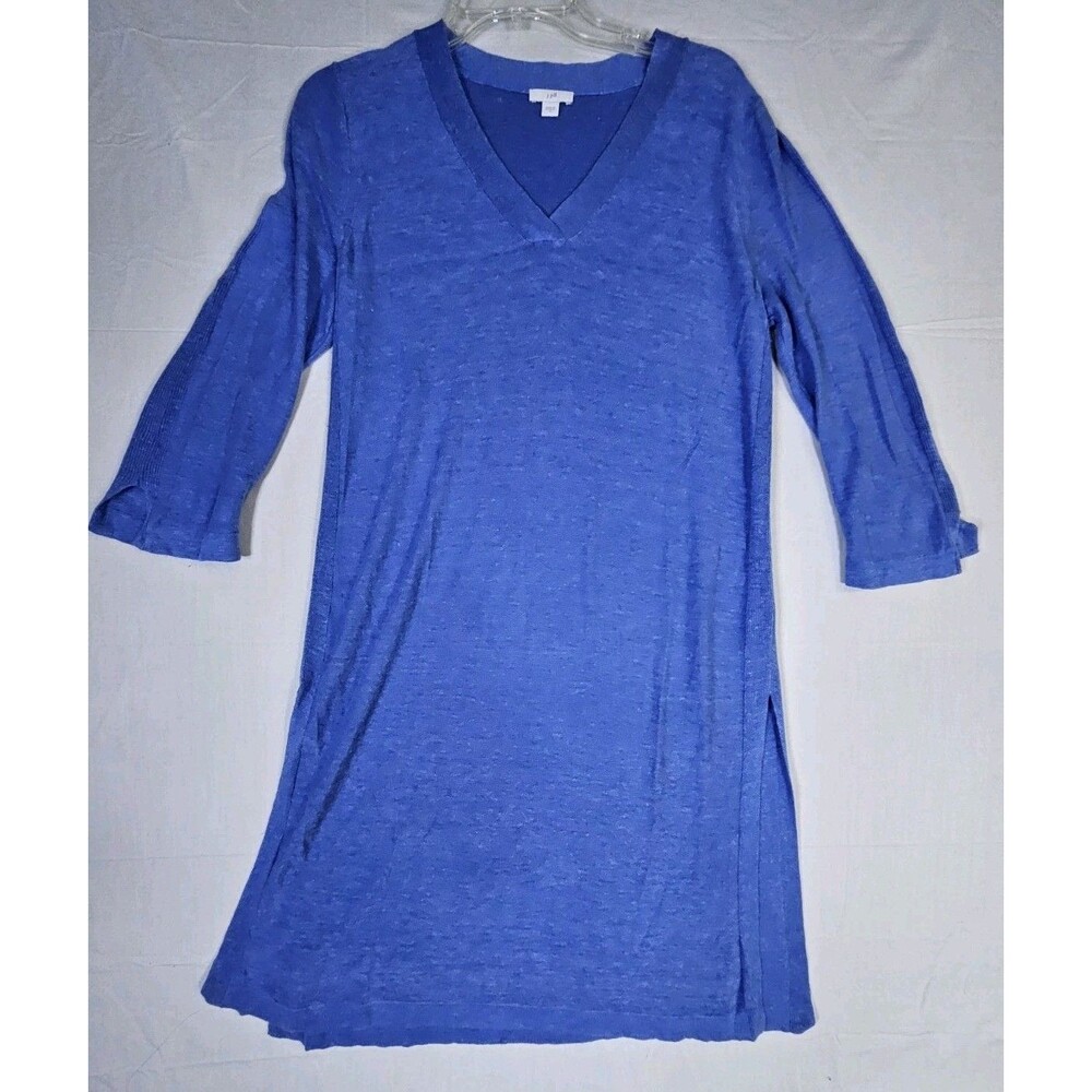 J.Jill Dress Women Small Blue Linen Blend Tunic Shift Sweater 3/4 Sleeve V-Neck
